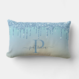 Coussin Rectangle Glam Bleu Paillettes Drips Élégant Monogramme
