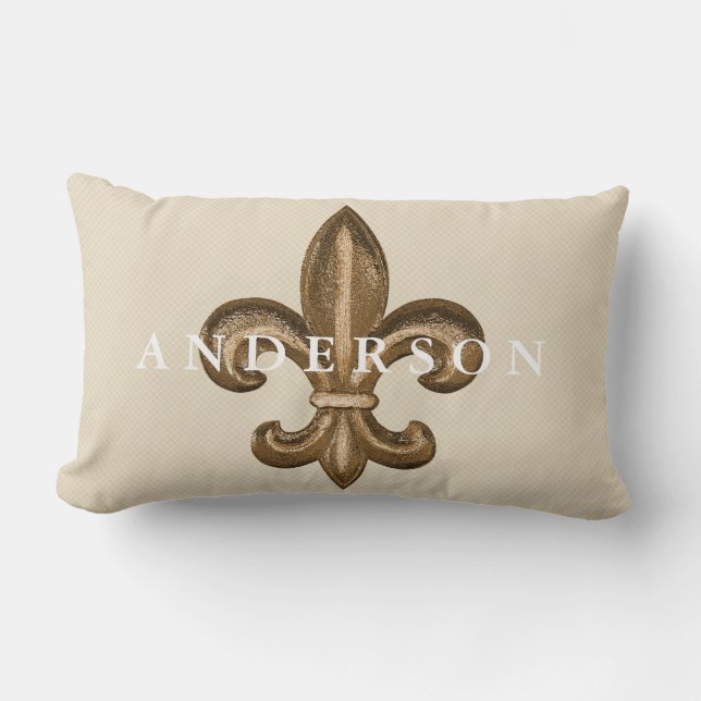 Coussin Rectangle Gold Fleur de Lis et Taupe blanc de trellis (Recto)