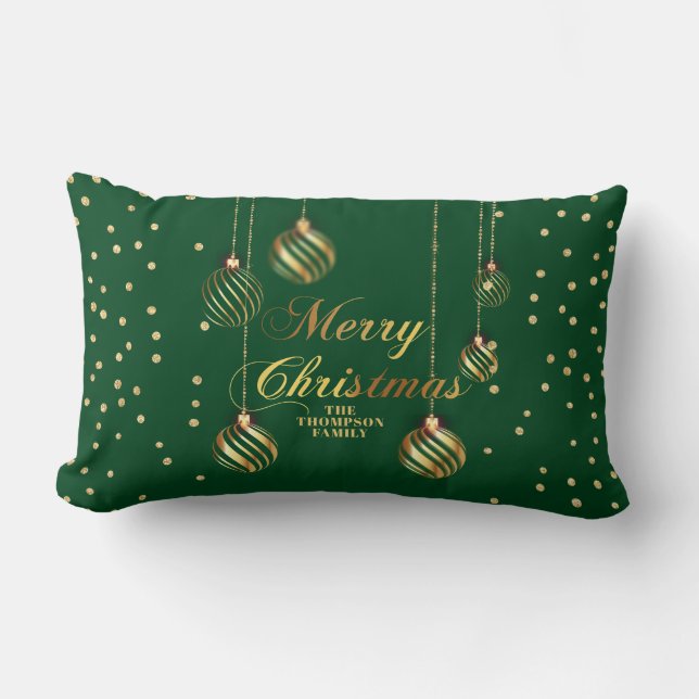 Coussin Rectangle Gold Script Confetti Green Family Balls de Noël (Recto)