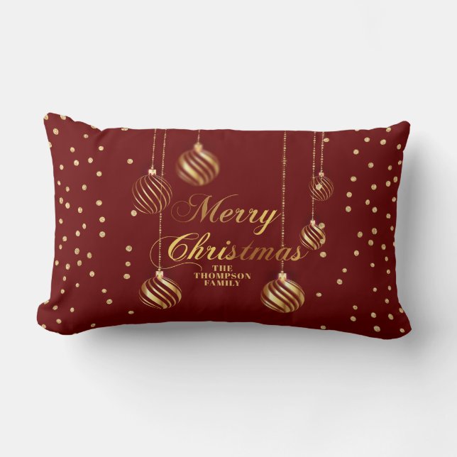 Coussin Rectangle Gold Script Confetti Red Family Christmas Balls (Recto)