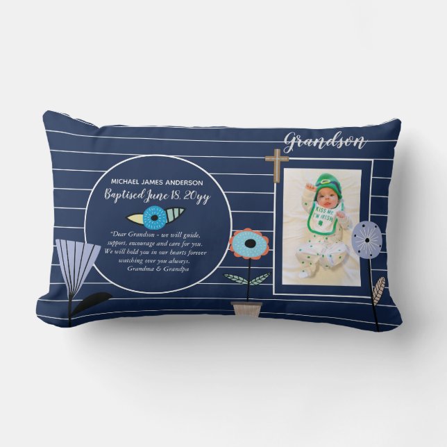 Coussin Rectangle Grand-fils POEM Baptême PHOTO Marine Blue Flowers (Recto)