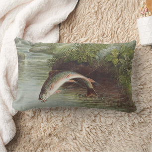 Coussin Rectangle Gravure ancienne de truite de ruisseau sautant pou