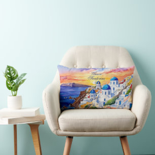 Coussin Rectangle Grèce Santorini Aquarelle Croquis mer Egée  