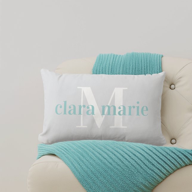 Coussin Rectangle Grey & Aqua | Nourriture Nom et Monogramme (Créateur téléchargé)