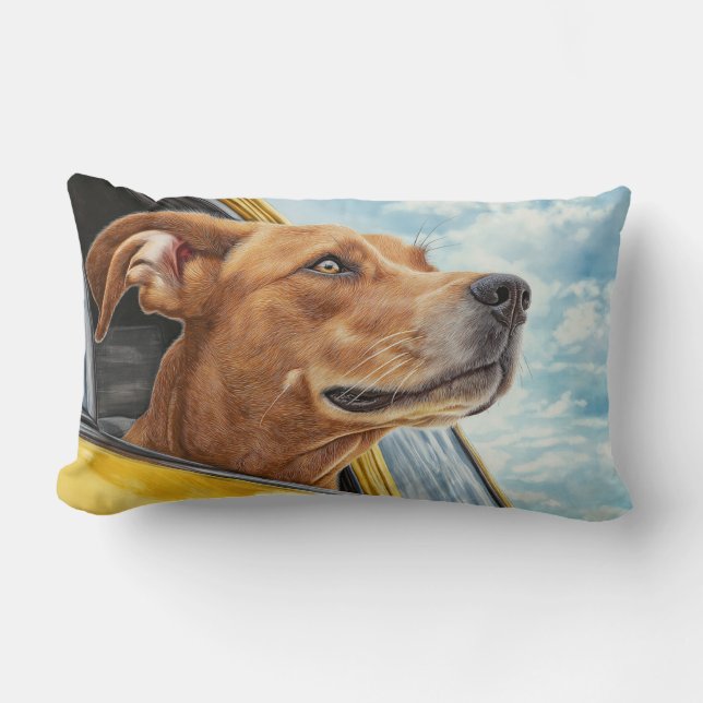 Coussin Rectangle Happy Dog in Yellow Car Art Print (Recto)