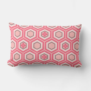 Coussin Rectangle Hexagonal Kimono Print, Coral rose et blanc