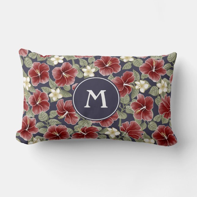 Coussin Rectangle Hibiscus et Plumeria - Maroon (Recto)