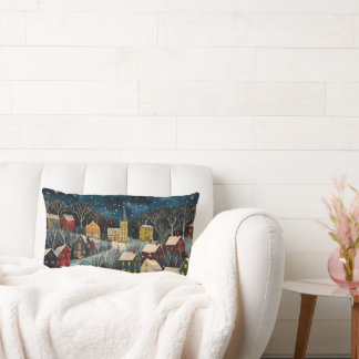 Coussin Rectangle Hiver Nuit Folk Art Huile Peinture Cuisine