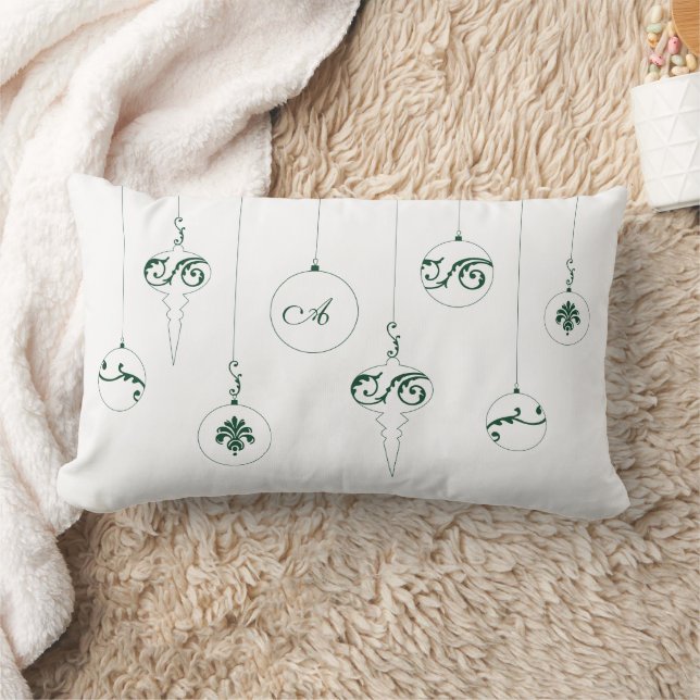 Coussin Rectangle Hiver Vert Monogramme Bauble Ornements Noël (Couverture)