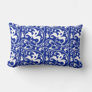 Coussin Rectangle Ikat floral damassé - Bleu cobalt et blanc