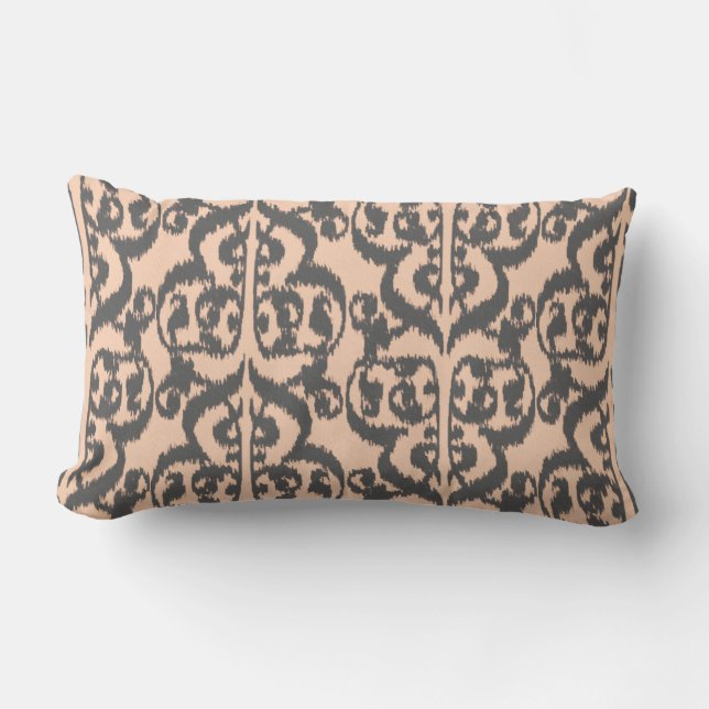 Coussin Rectangle Ikat Moorish Damask - pêche et gris charbon (Recto)