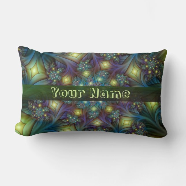 Coussin Rectangle Illuminé bleu violet moderne Fractal Art Nom (Recto)