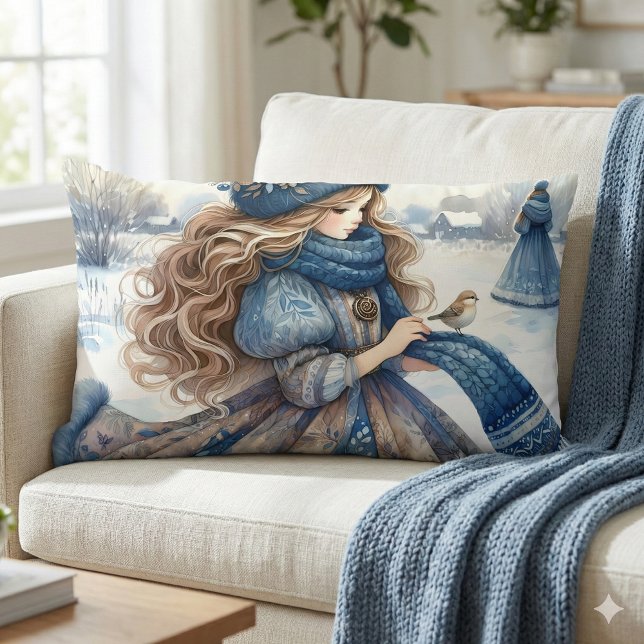 Coussin Rectangle Imaginaire d'hiver Princesse dans un terrain de Fa (Winter Fantasy Princess in a Snowy Fairytale Lands Lumbar Pillow Mockup A)