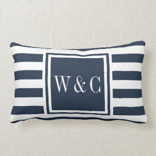 Coussin Rectangle Initiales Monogram Personnalisées Rayure Bleu Mari