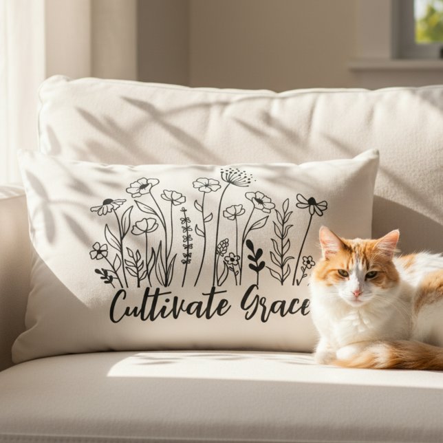 Coussin Rectangle Inspirational Throw Pillow - Cultivate Grace Flora (Inspirational black line art wildflower pillow)