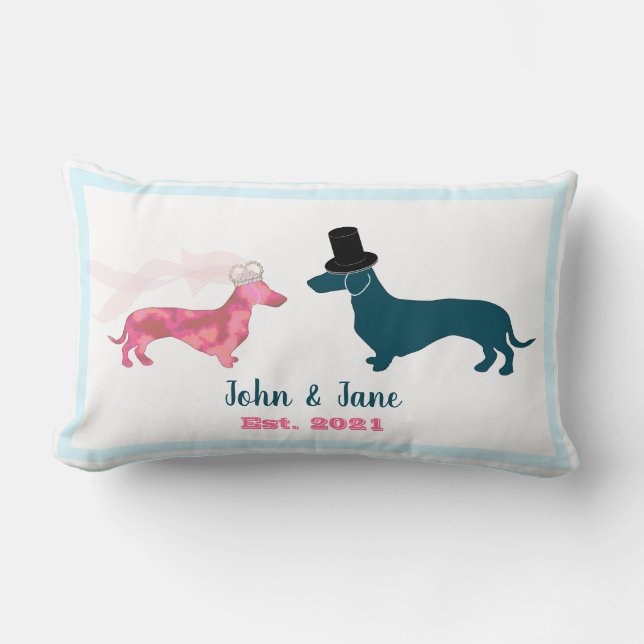 Coussin Rectangle Joli Monogramme Nouveaux mariés Chiens de Dachshun (Recto)