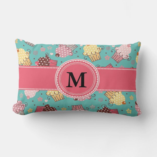 Coussin Rectangle Joli Monogramme rose Turquoise et jaune Cupcake Lu (Recto)
