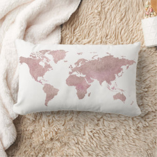 Coussin Rectangle Jolie carte du monde aquarelle en or rose pour les