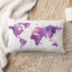 Coussin Rectangle Jolie carte du monde aquarelle violette pour voyag