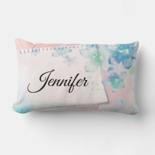 Coussin Rectangle Jolies fleurs bleues sur fond rose