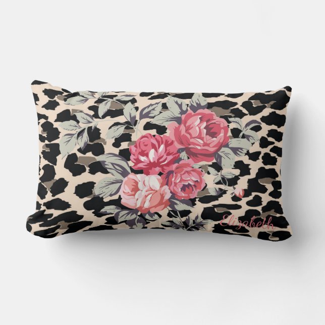 Coussin Rectangle Jolies fleurs modernes sur impression léopard-pers (Recto)