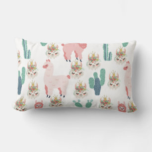 Coussin Rectangle Jolis Llamas roses et Cactus vert