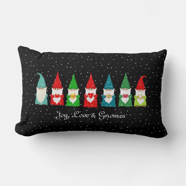 Coussin Rectangle Joy, Love & Christmas Gnomes on Black (Recto)
