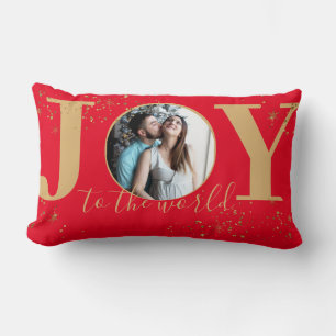 Coussin Rectangle Joy to the World Red and Gold Glittery Photo