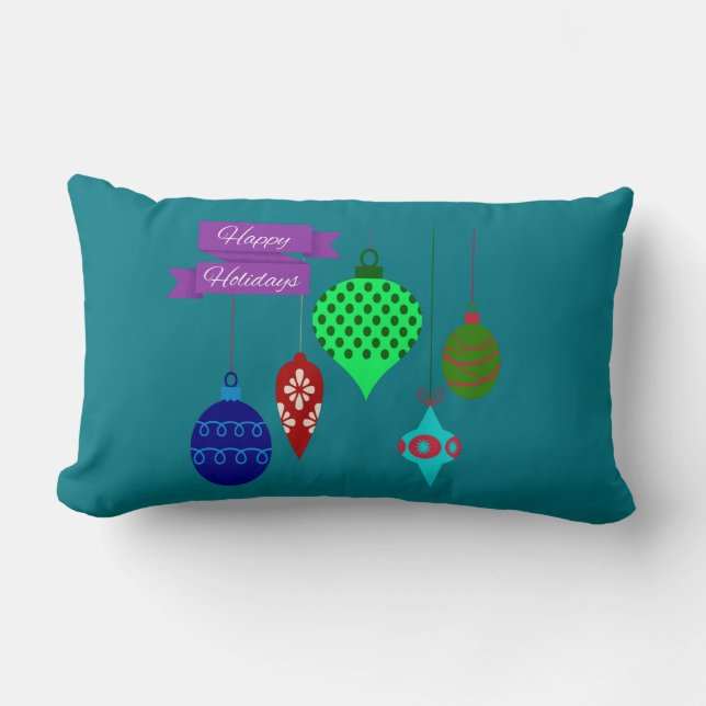 Coussin Rectangle Joyeuses fêtes et pendants ornements Turquoise (Recto)