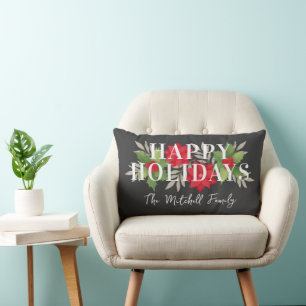 Coussin Rectangle Joyeuses Fêtes Poinsettia Holly Charbon de Noël