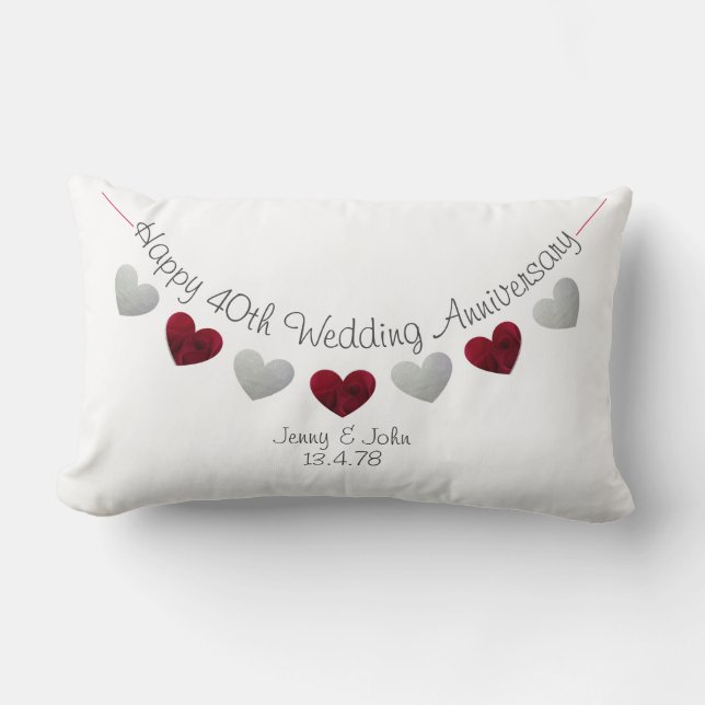Coussin Rectangle Joyeux 40ème anniversaire de Mariage Ruby Coeurs r (Recto)