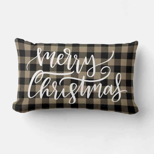 Coussin Rectangle Joyeux Noël Black Buffalo Brown Plaid (Recto)