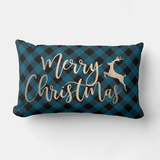 Coussin Rectangle Joyeux Noël d'or Noir et Bleu Plaid (Recto)