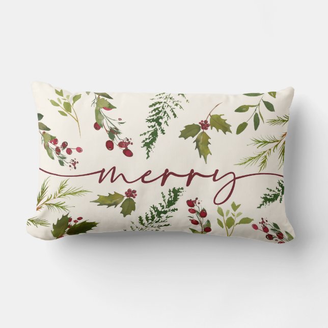 Coussin Rectangle Joyeux Noël hiver Holly Berry Vert  (Recto)