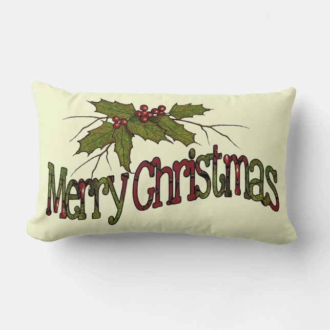 Coussin Rectangle Joyeux Noël, houx, baies, brindilles : Art (Recto)