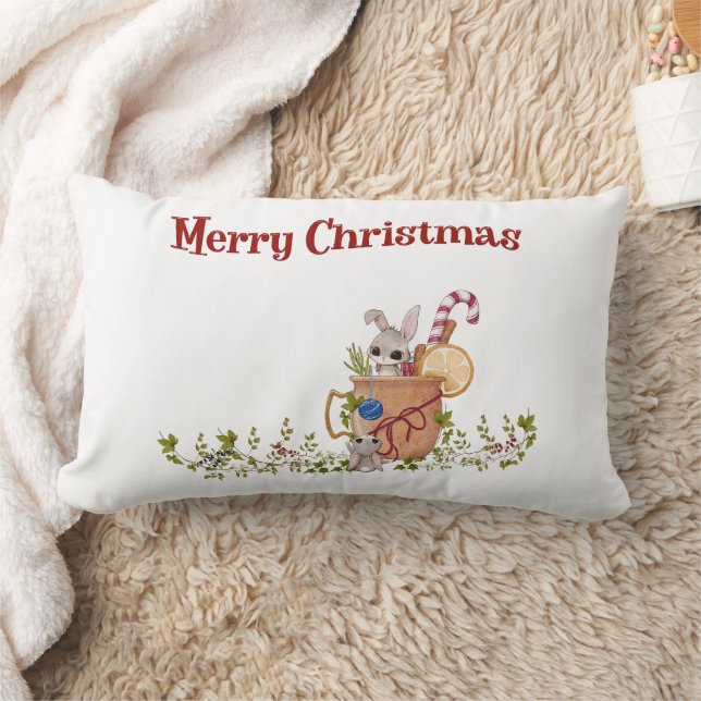 Coussin Rectangle Joyeux Noël Lapin Scène d'hiver (Couverture)
