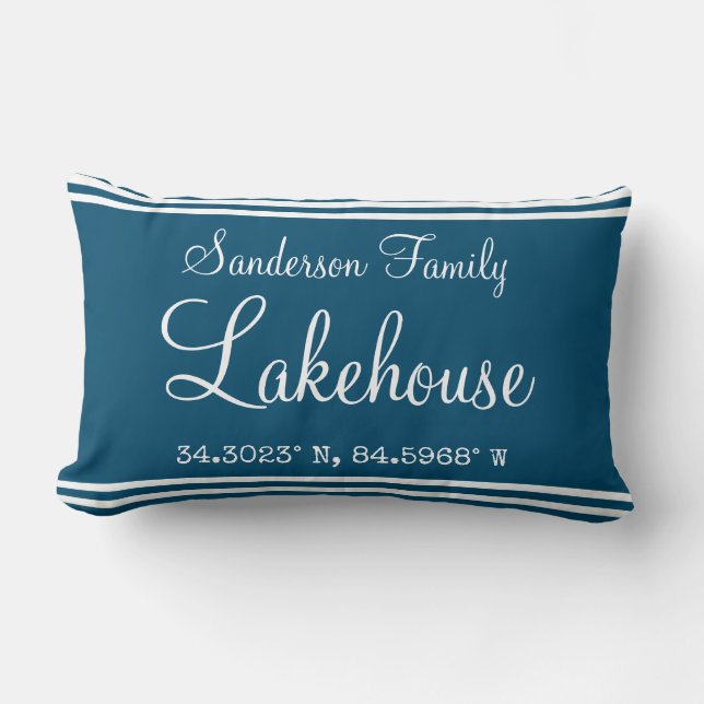 Coussin Rectangle Lakehouse Family nom coordonnée bleu paon (Recto)