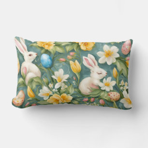 Coussin Rectangle lapins, fleurs de printemps et oeufs de Pâques. Pe