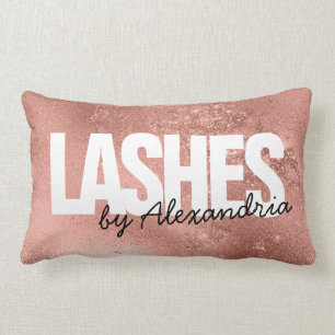 Coussin Rectangle Lashes Rose Gold Sparkle Script Nom Beauté Salon