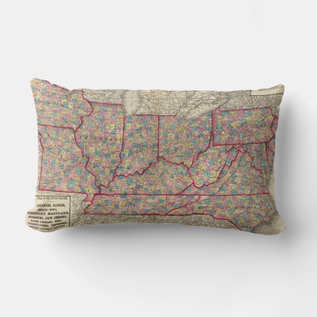 Coussin Rectangle Le Delaware, l'Illinois, l'Indiana, et l'Iowa (Recto)