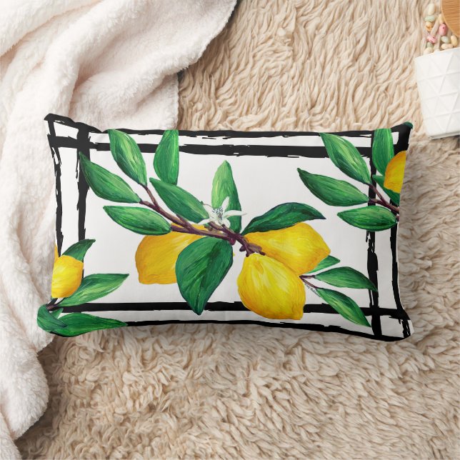 Coussin Rectangle Lemon Leaves Citrus Yellow Green Leaf Black Line (Couverture)