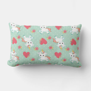 Coussin Rectangle Licorne mignonne petit motif pois turquoise