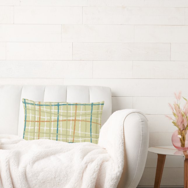 Coussin Rectangle Lime Ochre Turquoise et off White Plaid Design Cou (Canapé)