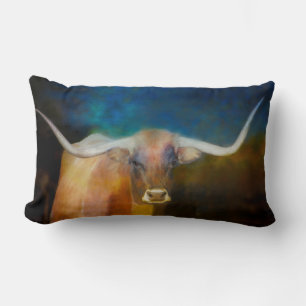 Coussin Rectangle Longhorn Vache art sur bleu et brun