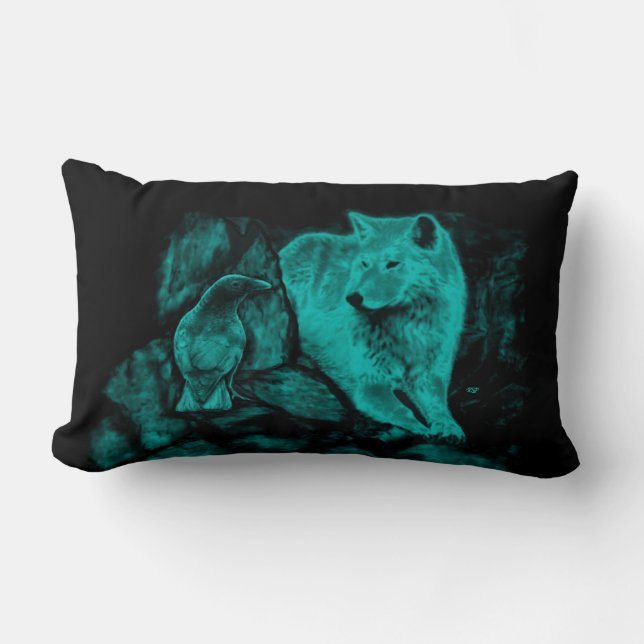 Coussin Rectangle Loup et corbeau dans la nuit (Recto)