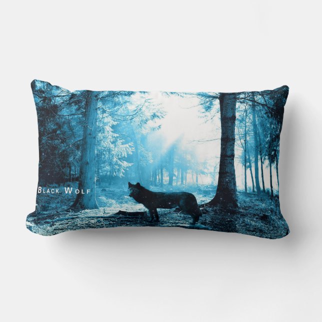 Coussin Rectangle Loup noir seul dans la forêt (Recto)