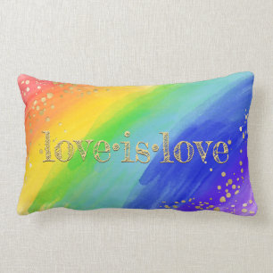 Coussin Rectangle Love is Love Gold Typography Aquarelle Arc-en-ciel