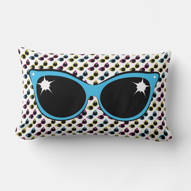 Coussin Rectangle Lunettes de soleil de chat Retro Motif avec bleu (Recto)