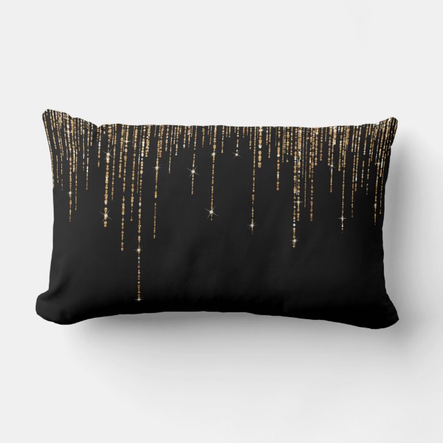 Coussin Rectangle Luxe Chic Black Gold Fringe Parties scintillant ét (Recto)