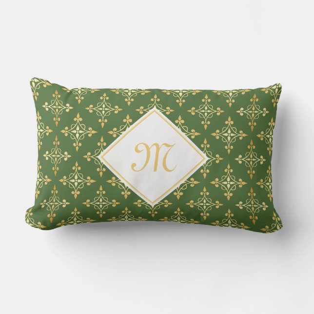 Coussin Rectangle Luxe Monogramme vert et or Quatre Floral (Recto)